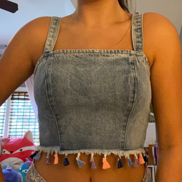 MINKPINK Tops - MINKPINK Denim Fiesta Tassel Crop Top